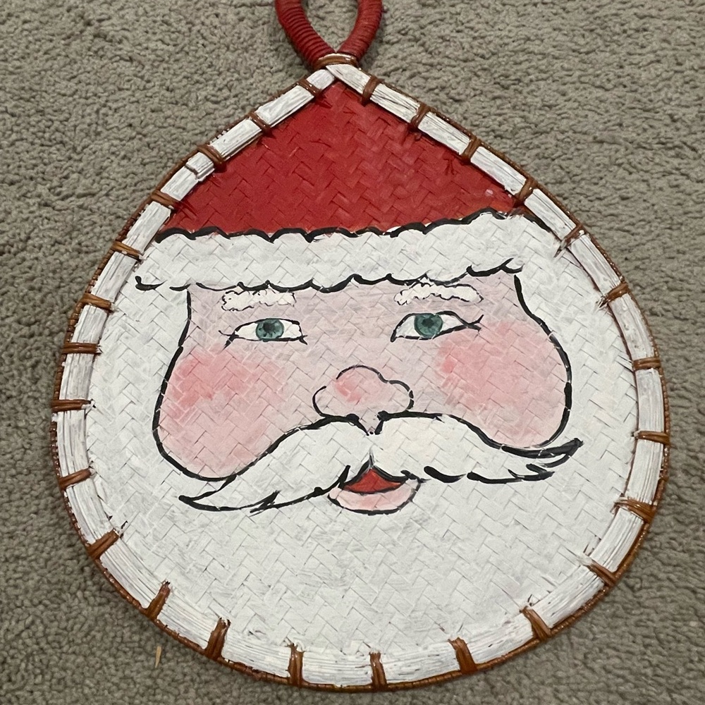 Handpainted Festive‎ Red and White Santa Wall Hanging Woven Wicker Fan